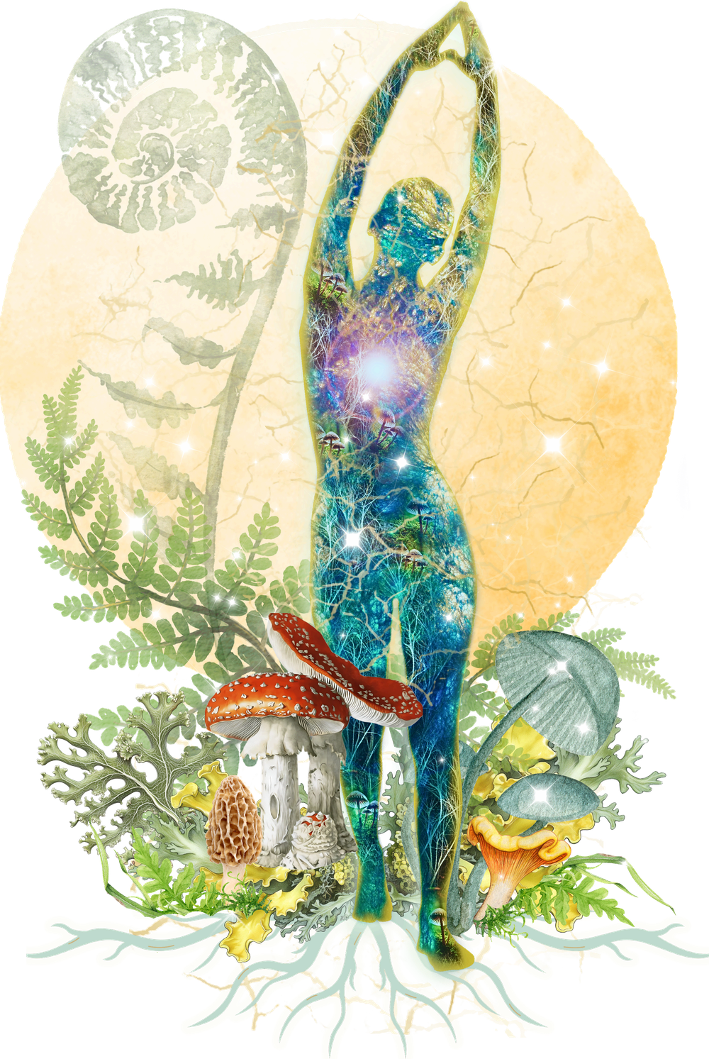 Mycelial MindBody Massage logo: a figure reaching skyward among ferns, mushrooms and roots before a golden sun